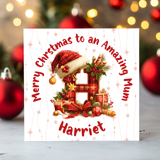 Christmas card with 'Merry Christmas to an Amazing Mum Harriet' text and festive design.