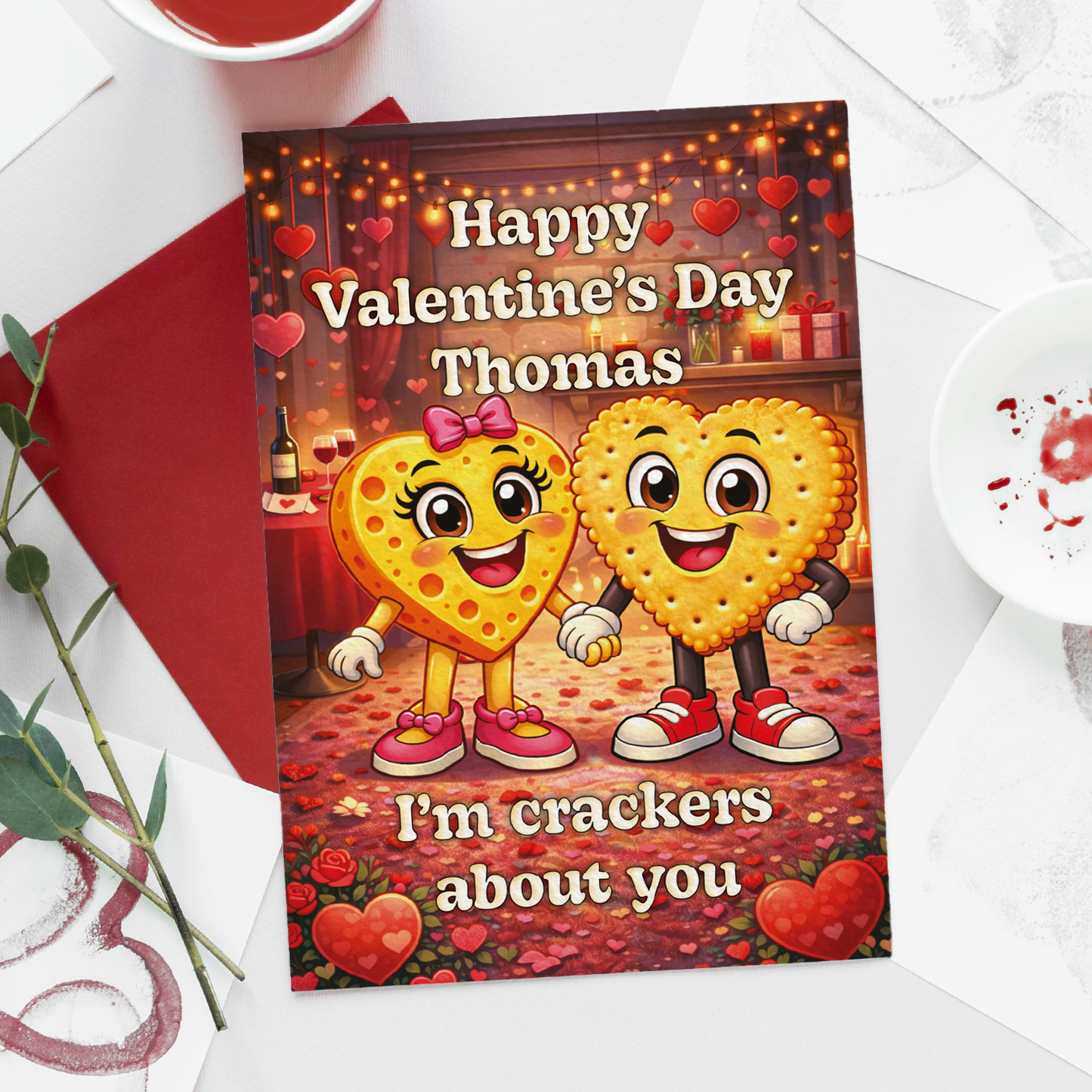 Valentine's Day card with cartoon crackers on a white surface with a red envelope and tea cup.