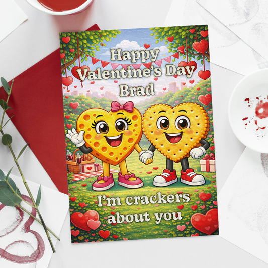 Valentine's Day card with cartoon crackers on a white surface