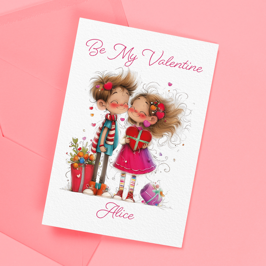 Valentine's Day card with cartoon characters and 'Be My Valentine' text on a pink background