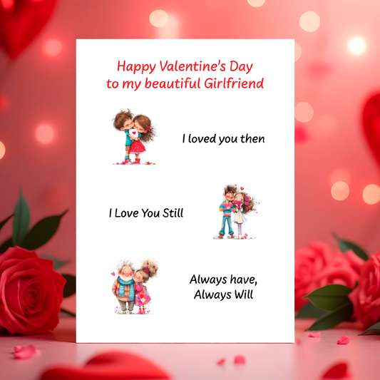 Valentine's Day card with cartoon couple illustrations and romantic text on a red heart-shaped background.