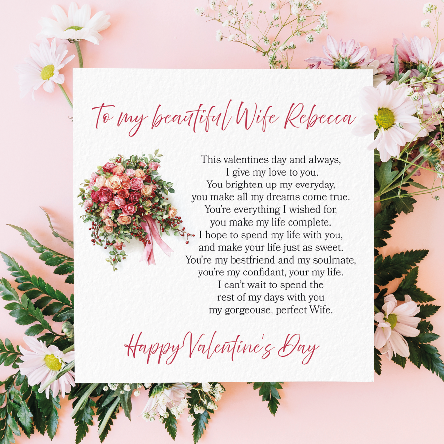 Valentine's Day card for a wife with flowers and text on a pink background