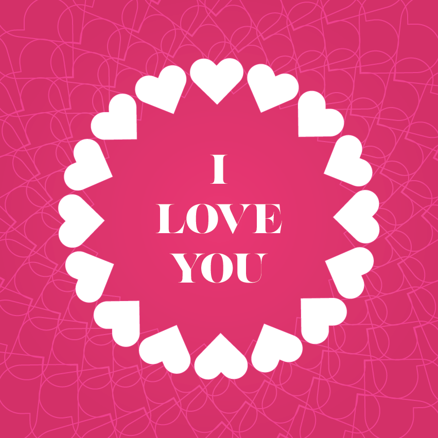 Heart-shaped design with 'I LOVE YOU' text on a pink background