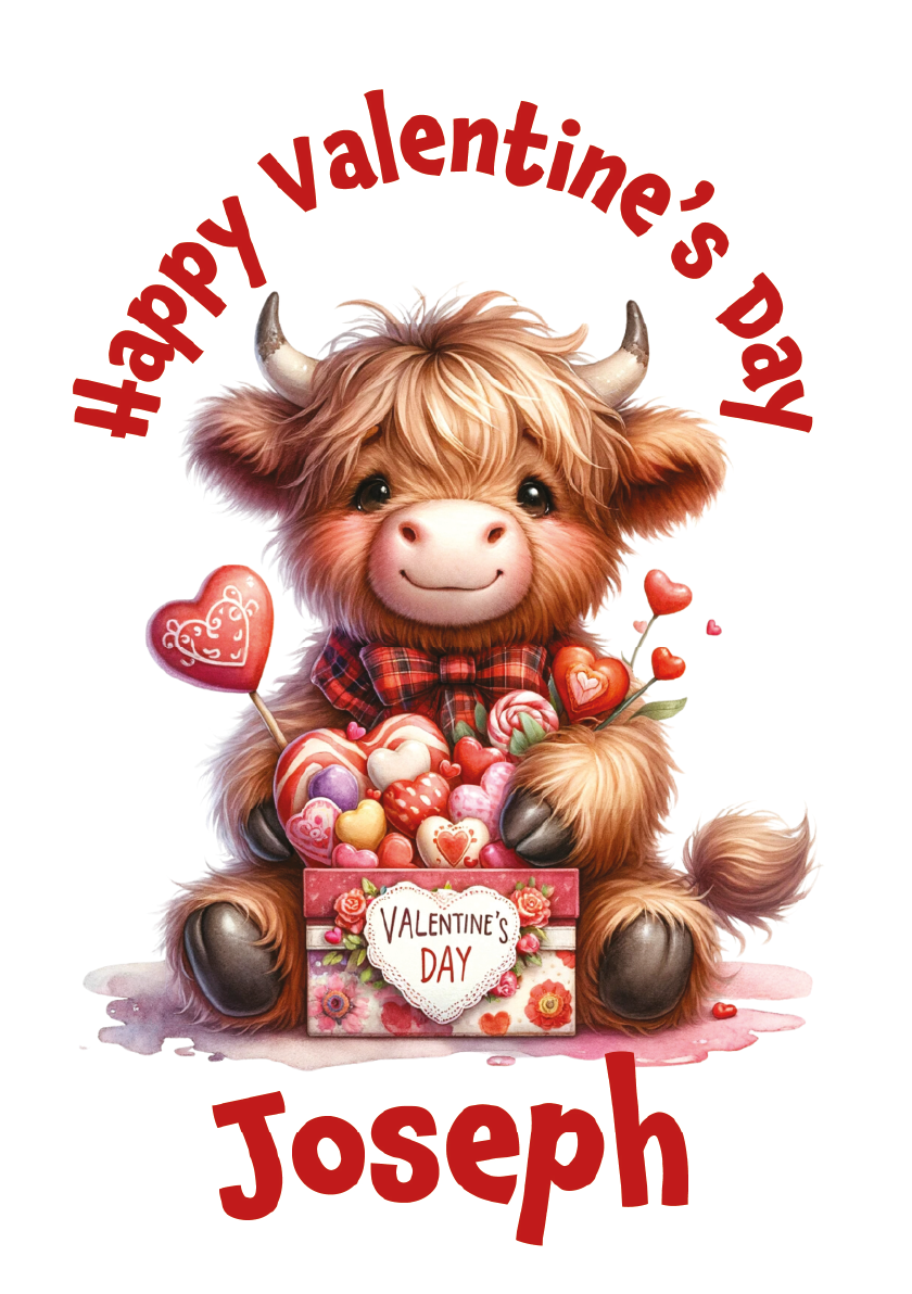 Valentine's Day card with a cartoon highland cow holding candy and flowers, surrounded by hearts and the text 'Happy Valentine's Day Joseph'.