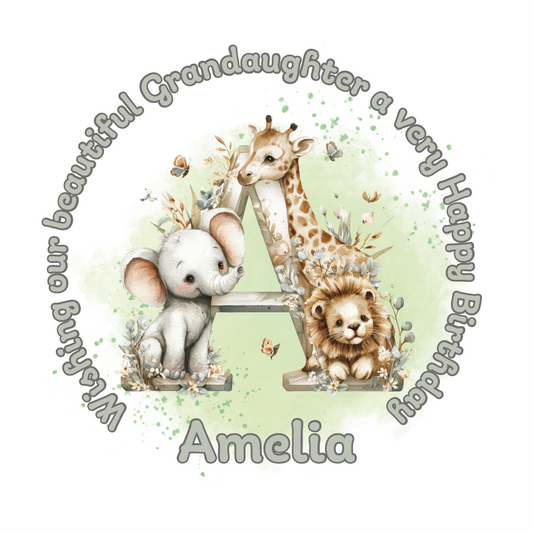 Illustration of a giraffe, elephant, and lion with a letter 'A' on a light green background, featuring birthday wishes and personalised name, age and relation