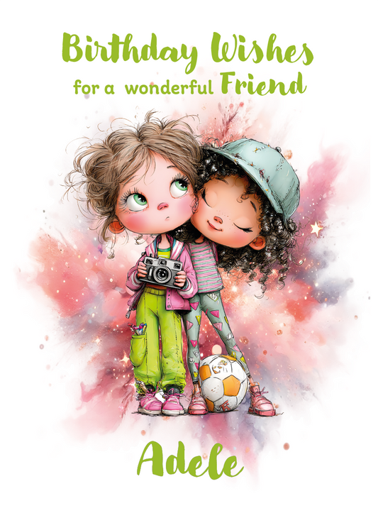 Illustration of two children hugging with text 'Birthday Wishes for a wonderful Friend' and personalised with name. on a colorful background.