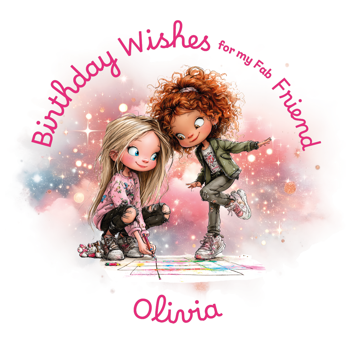 illustration of two girls playing a game with the text 'Birthday Wishes for my fab friend' and personalised with name on a colourful background