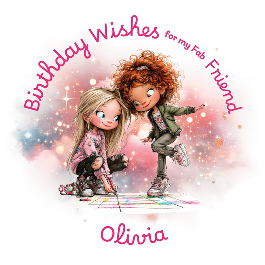 illustration of two girls playing a game with the text 'Birthday Wishes for my fab friend' and personalised with name on a colourful background