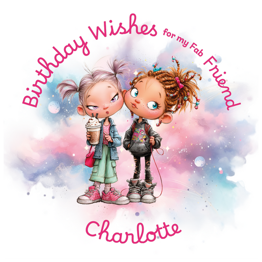 Cartoon illustration of two friends with 'Birthday Wishes for my Fab Friend' text and personalised with name on a colorful background.