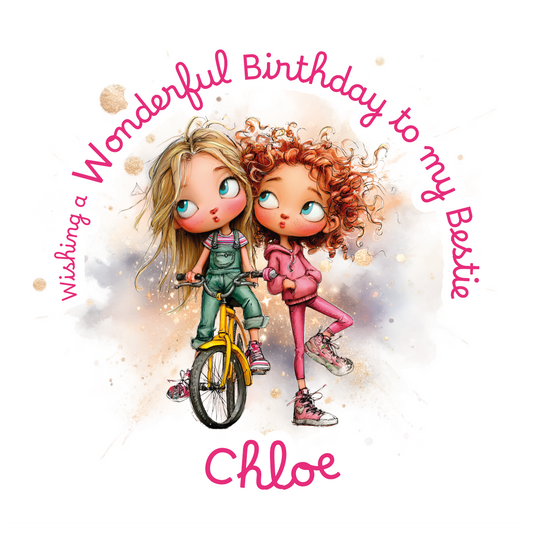 Cartoon illustration of two girls on a bike with 'Wonderful Birthday to my Bestie' text and personalised with name on a colourful background .