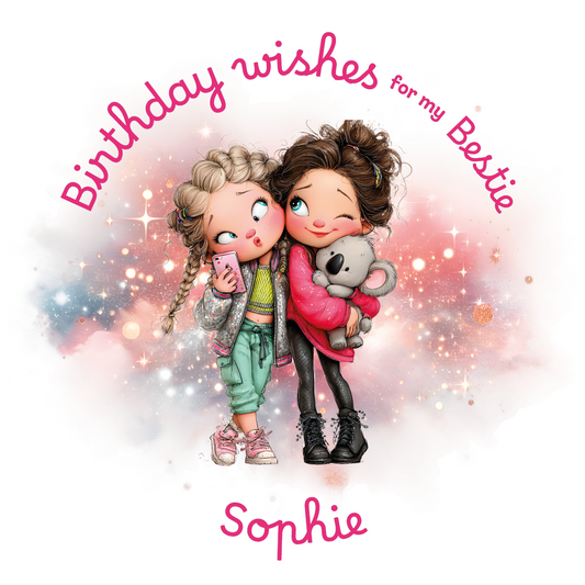 llustration of two girls hugging and taking a selfie with 'Birthday wishes for my bestie' text and personalised with name on a colorful background.