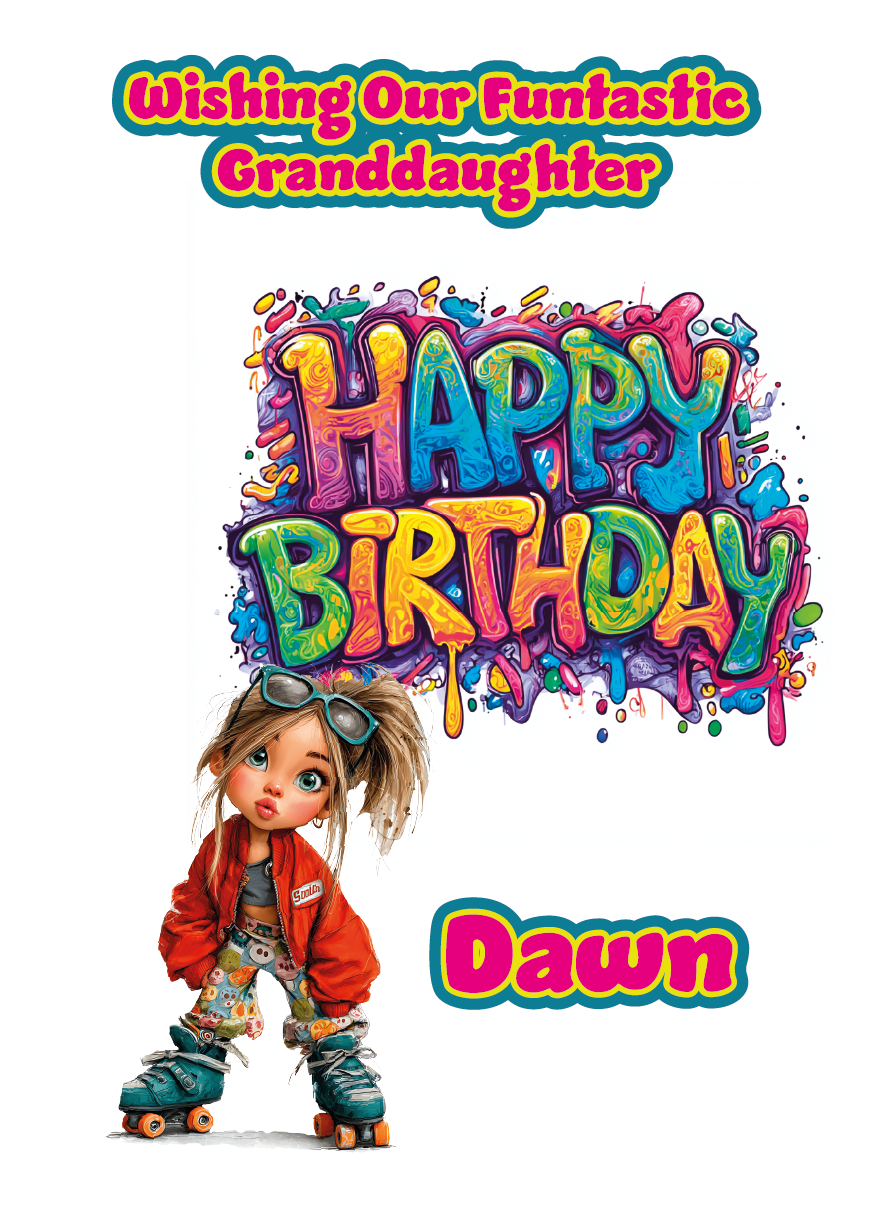 Birthday card with a cartoon Girl on skates and 'Happy Birthday' text, and personalised with name and relation. placed on a festive background with balloons and a gift.
