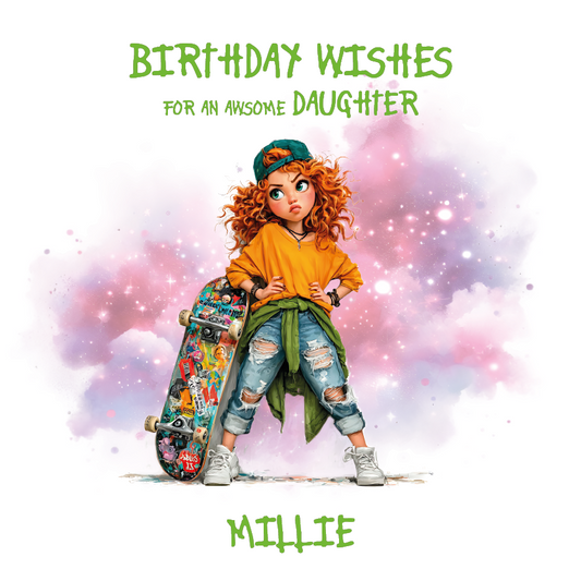 Illustration of a girl with a skateboard on a colorful background with 'Birthday Wishes for an Awesome then personalised relation and name' text.
