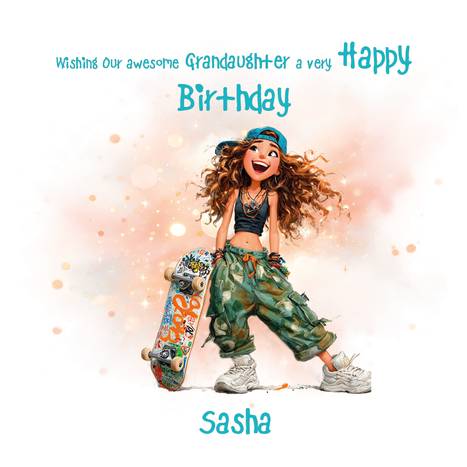 llustration of a young girl with a skateboard, with text wishing a happy birthday to an awesome' then personalised with name and relation