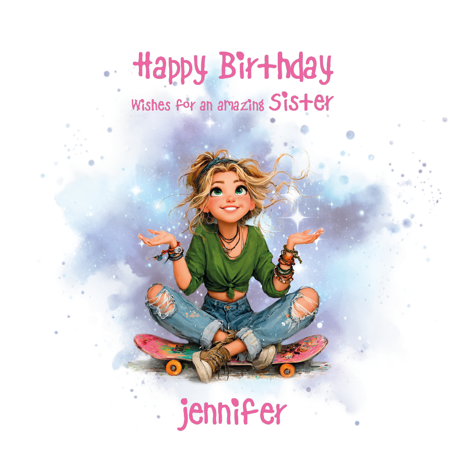 Cartoon character sitting on a skateboard with 'Happy Birthday' text then personalised with name and relation on a white background