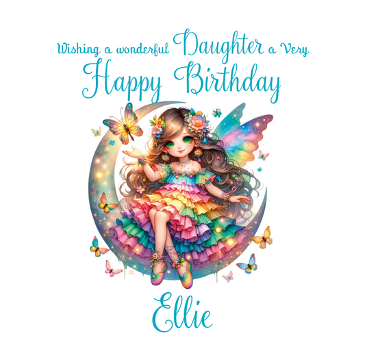 Colorful birthday card with a fairy sitting on a moon, surrounded by butterflies, and text 'Wishing a wonderful Daughter a Very Happy Birthday Ellie'.