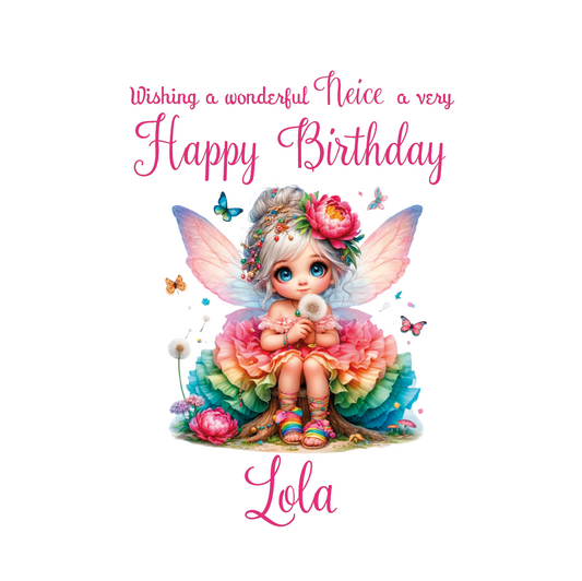 Colorful fairy holding a dandelion with butterflies and flowers, surrounded by birthday wishes on a white background. with personalised name and relation birthday wishes text