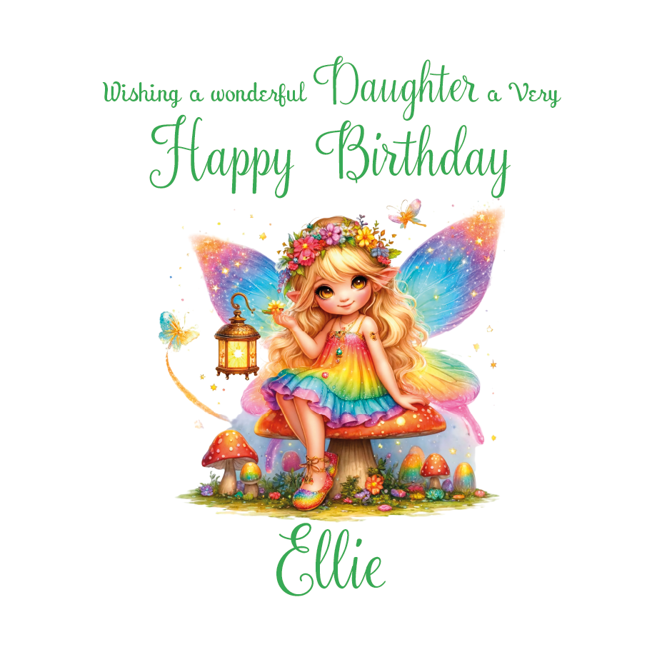 Colorful fairy sitting on a mushroom with birthday wishes and personalised with name and relation on a white background.