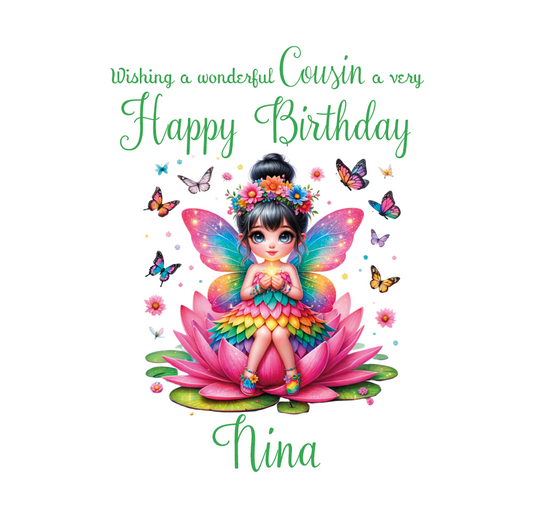 Colorful birthday card with a fairy character on a pink flower, surrounded by butterflies, and Personalised text .