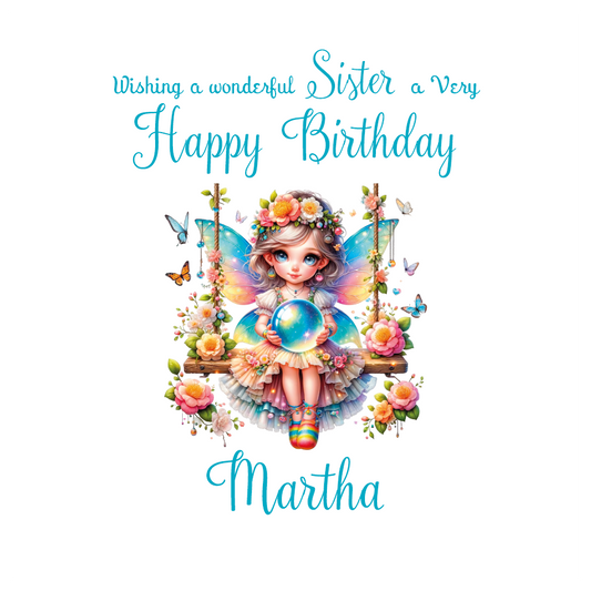 Fairy character on a swing with flowers and butterflies, and personalised name and relation text