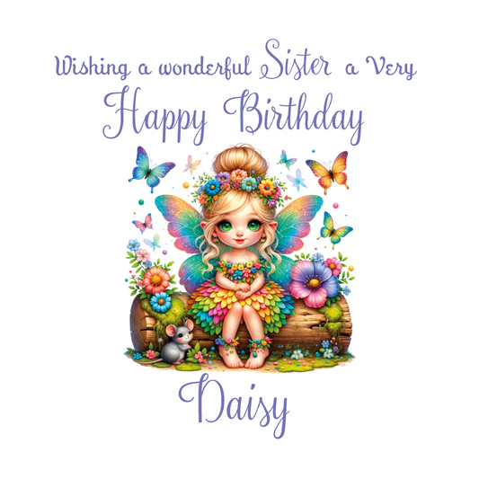 Birthday card with a fairy character sat on a log surrounded by flowers and butterflies with personalised name and relation birthday wishes on a white background