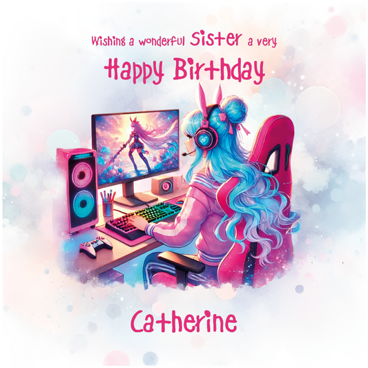 Birthday card with cartoon illustration of girl with blue hair playing a computer game with Birthday wishes text and personalised for name and relation