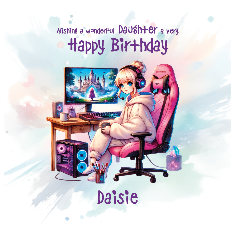 Birthday card with cartoon illustration of girl sat at desk playing a computer game wearing a onesie. with birthday wishes text and personalised name and relation