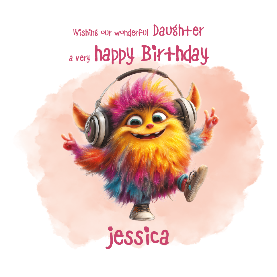 Colorful Monster cartoon character with headphones on a birthday card with birthday message that is personalised for name and relation