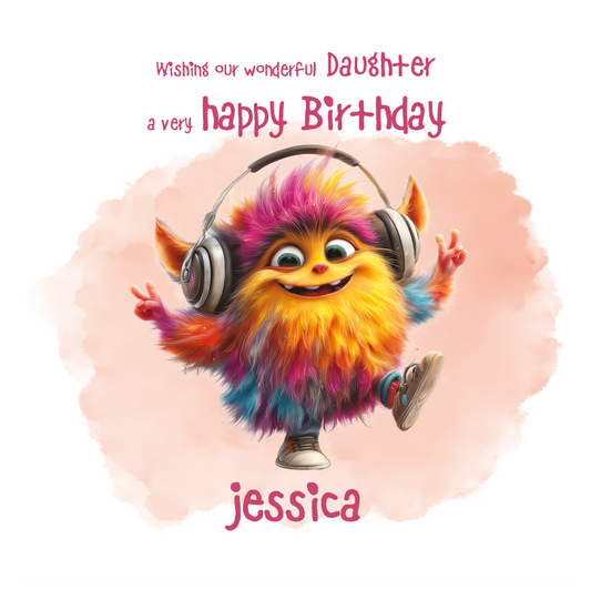Colorful Monster cartoon character with headphones on a birthday card with birthday message that is personalised for name and relation