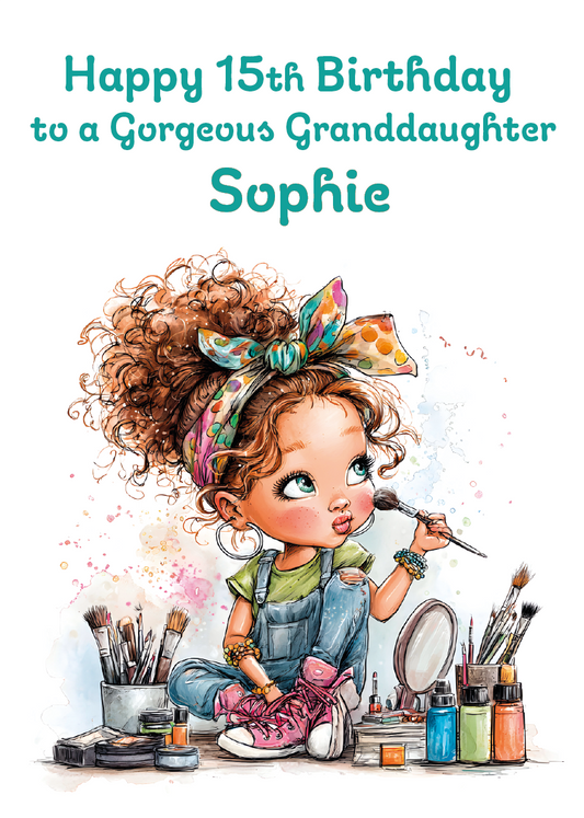 Birthday card with illustration of a girl with curly hair and makeup supplies, text 'Happy 15th Birthday to a Gorgeous Granddaughter Sophie'. personalised with age relation and name.