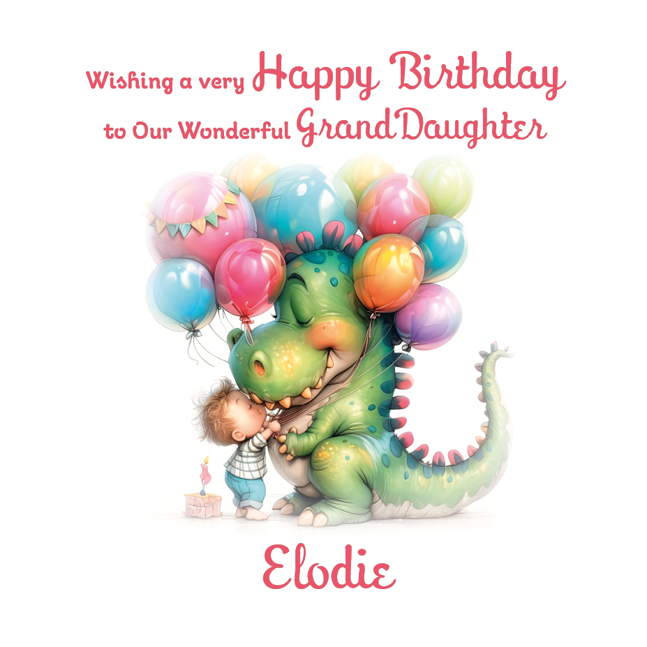 Birthday card with a dinosaur and child holding balloons, wishing a happy birthday to a granddaughter named Elodie. Personalised with name, age and relation.
