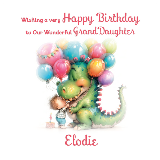 Birthday card with a dinosaur and child holding balloons, wishing a happy birthday to a granddaughter named Elodie. Personalised with name, age and relation.