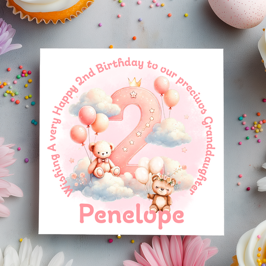 Happy 2nd birthday card with a teddy bear, balloons, and the number 1 on a pink background. personalised with name and relation.