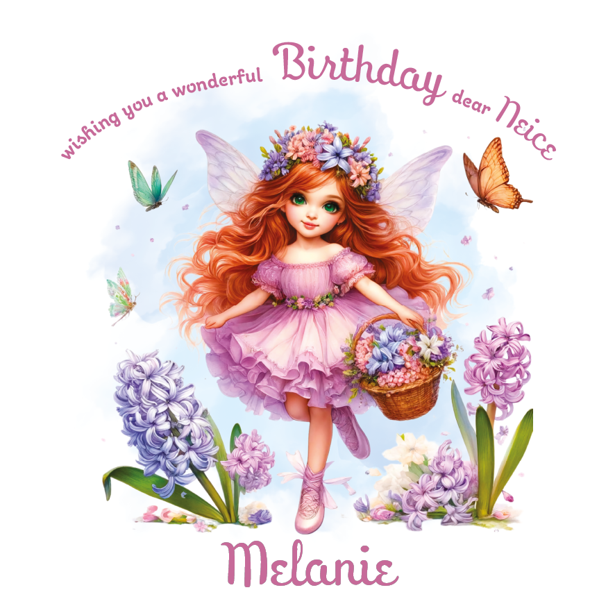 Purple Fairy character with flowers and butterflies on a birthday card with personalised name and relation birthday wishes