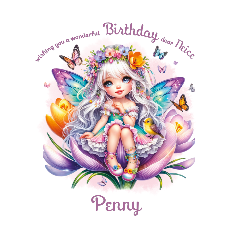Multi colour Fairy character with flowers and butterflies on a birthday card with personalised name and relation birthday wishes