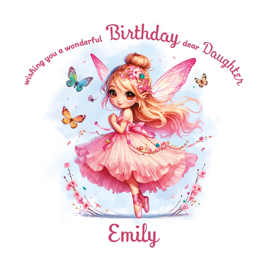 Pink Fairy character with flowers and butterflies on a birthday card with personalised name and relation birthday wishes