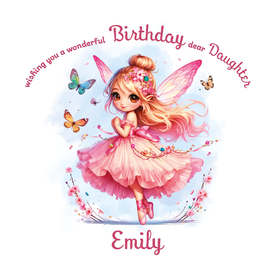 Pink Fairy character with flowers and butterflies on a birthday card with personalised name and relation birthday wishes