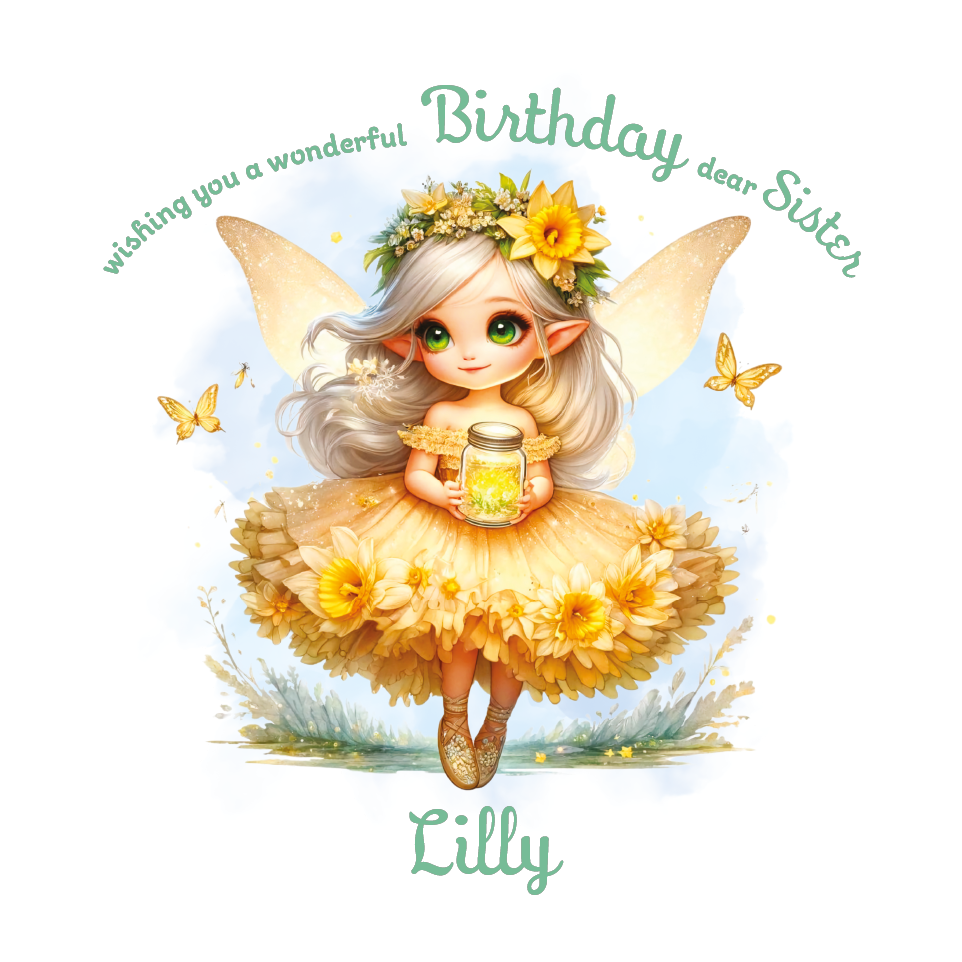 Yellow Fairy character with flowers and butterflies on a birthday card with personalised name and relation birthday wishes