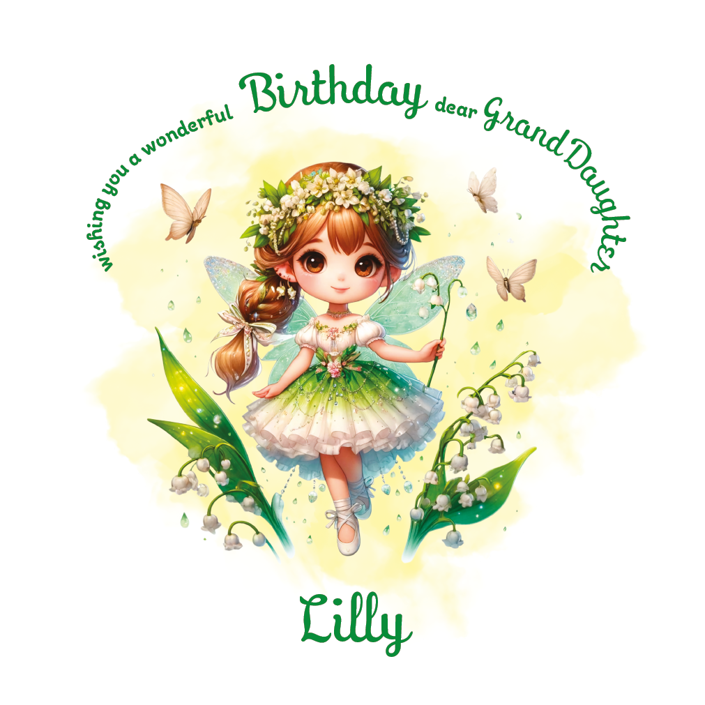 Green Fairy character with flowers and butterflies on a birthday card with personalised name and relation birthday wishes