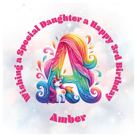 Colorful birthday card with unicorn and letter 'A' for a special birthday. personalised with name age and relation.
