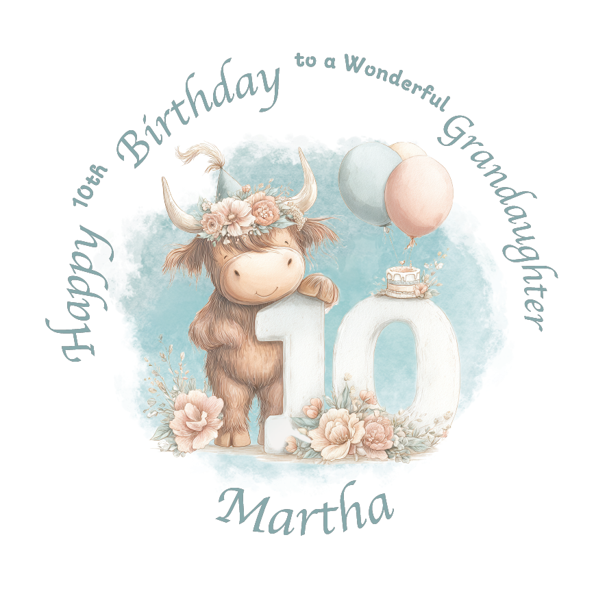 10th Birthday card with a cartoon cow holding a number 10, surrounded by flowers and balloons on a light blue background. Personalised for name, age and relation.