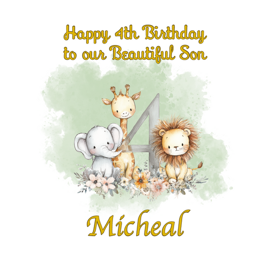 Birthday card with animals and 'Happy 4th Birthday and text personalised for name, age and relation on a light green background.
