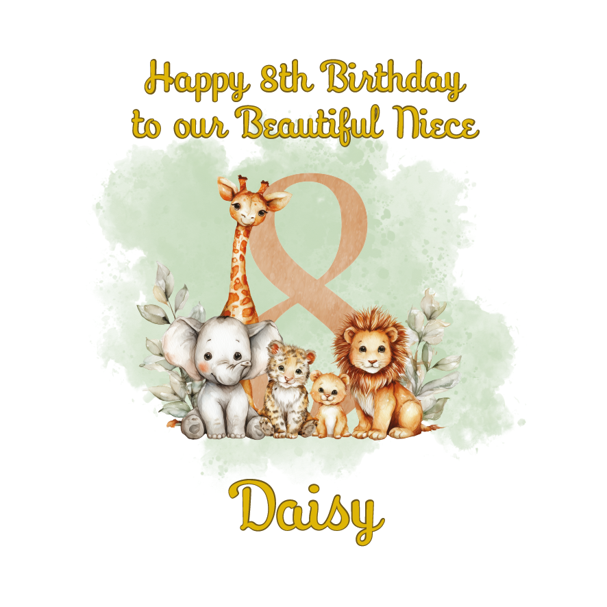 Birthday card with animals and 'Happy 8th Birthday and text personalised for name, age and relation on a light green background.