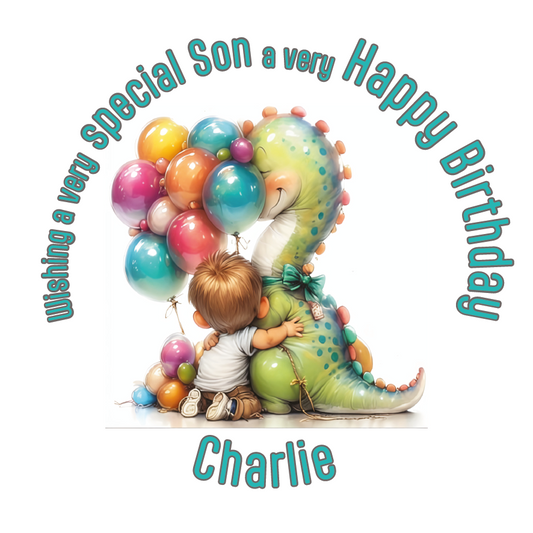 Birthday card with a child and dinosaur holding balloons, text 'Wishing a very special son a very Happy Birthday Charlie'. Personalised with name and relation.