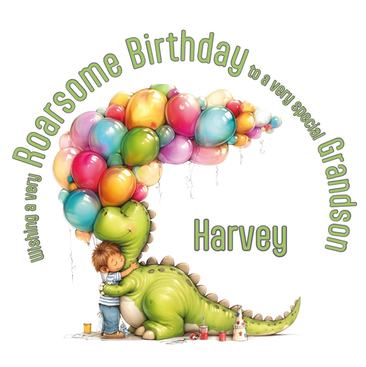 Birthday card with a child and dinosaur holding balloons, text 'Roarsome Birthday to a very special Grandson Harvey'. Personalised with name and relation.