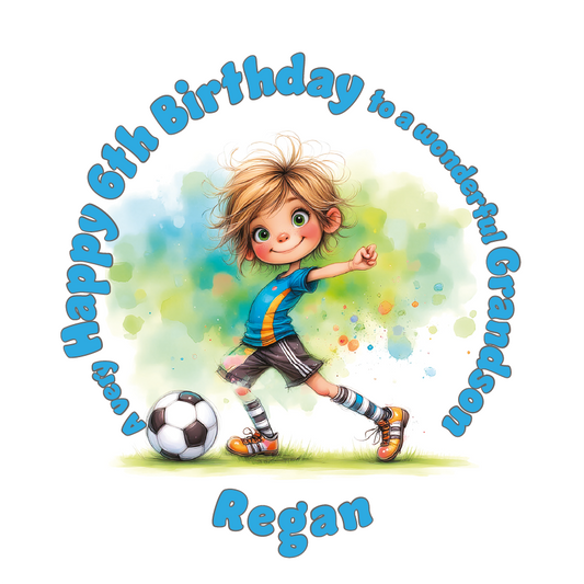 Birthday card with a child playing soccer, surrounded by colorful text and graphics. Personalised for name age and relation