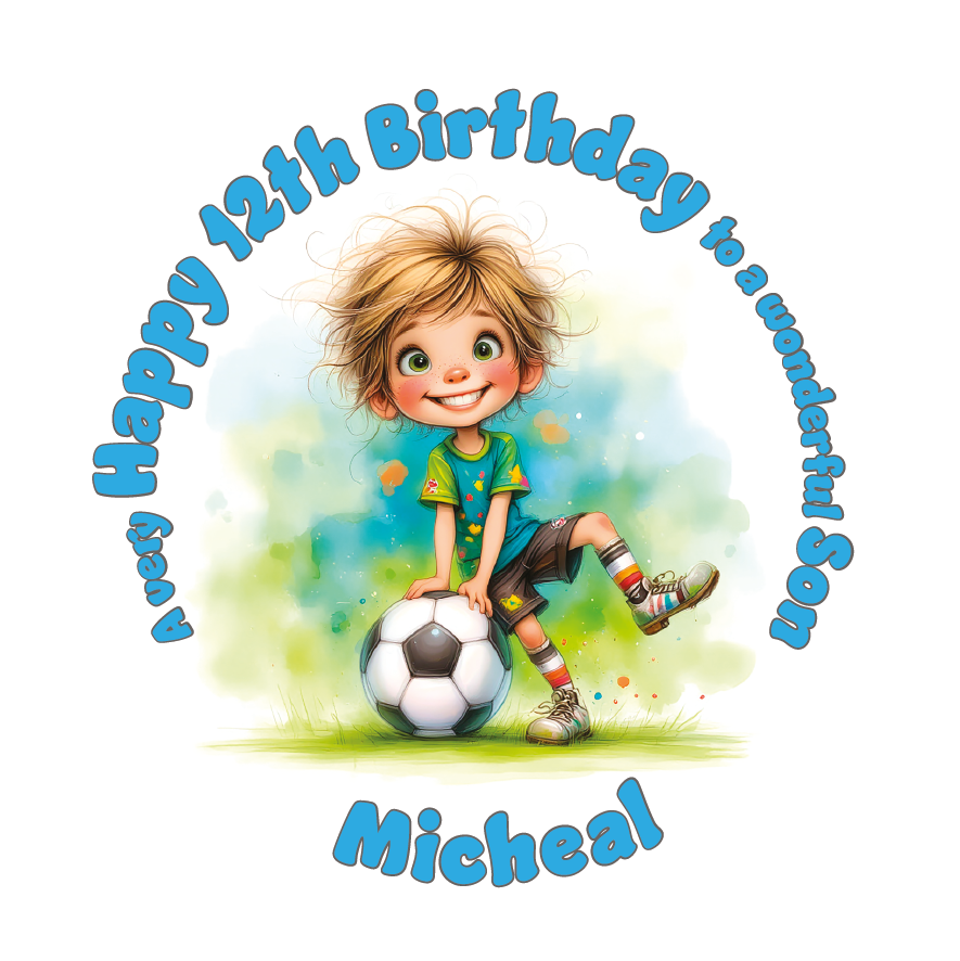 Birthday card with a child holding a soccer ball and colorful text on a white background. Personalised for name age and relation