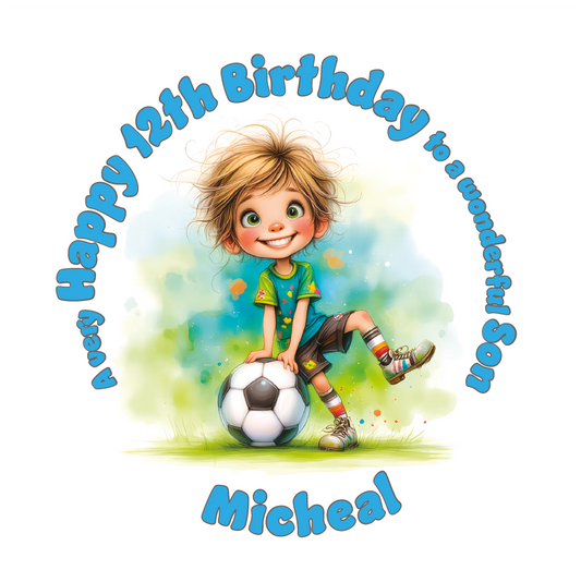 Birthday card with a child holding a soccer ball and colorful text on a white background. Personalised for name age and relation