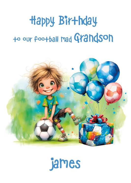 Birthday card for a football-loving grandson with balloons, soccer ball, and gift box. Personalised for name and relation.