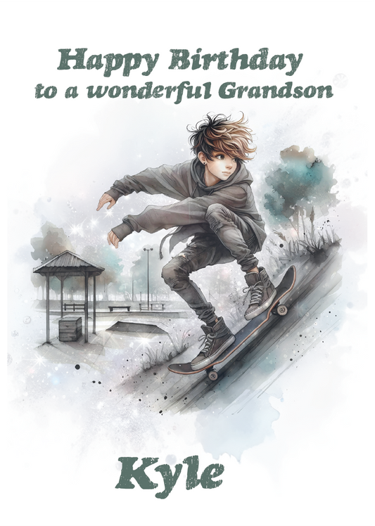 Illustration of a person skateboarding with 'Happy Birthday to a wonderful Grandson Kyle' text. Personalised for name age and relation.